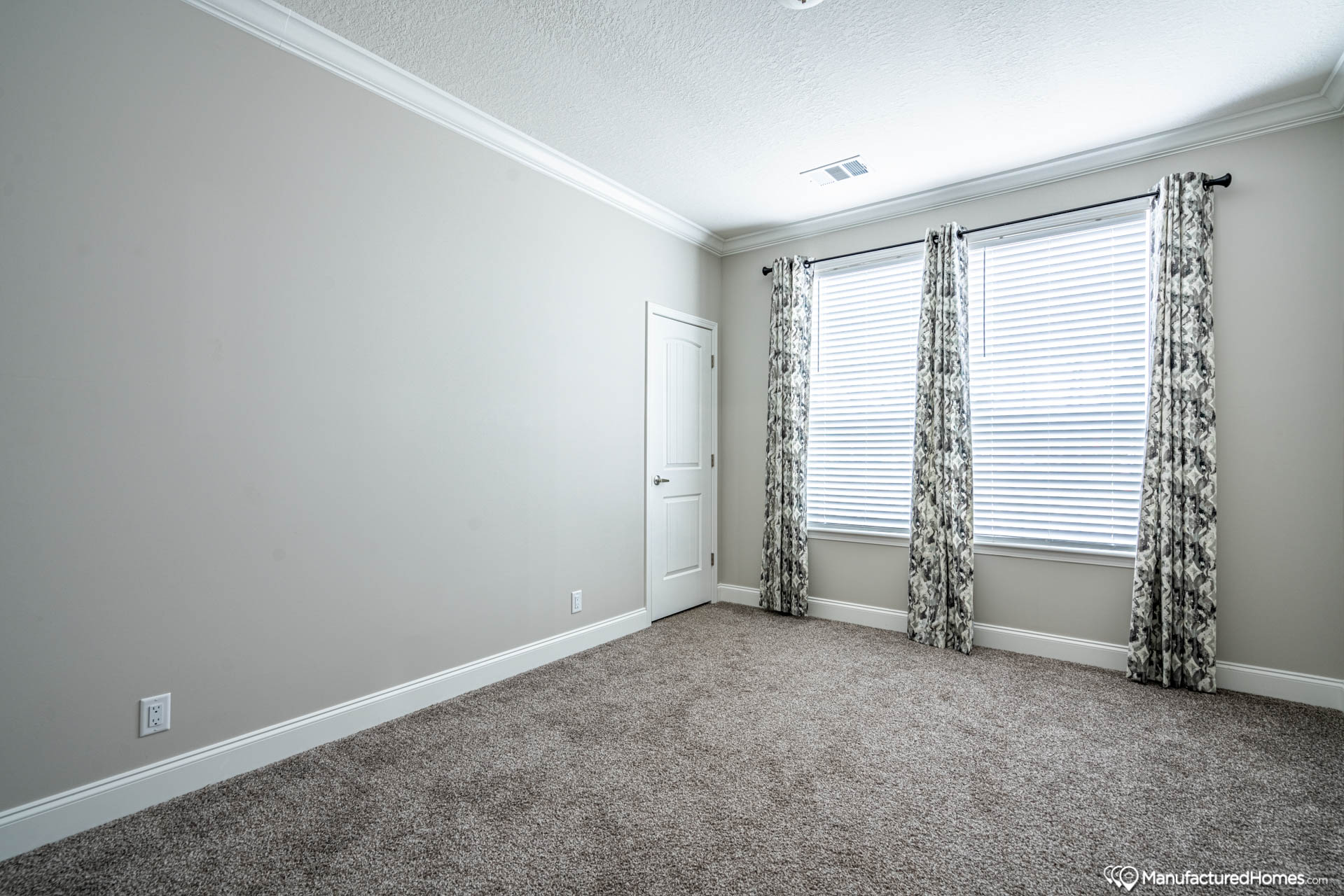 Empty room with light gray walls and beige carpeting. Two large windows with patterned curtains let in soft light. A closed white door is on the left wall.