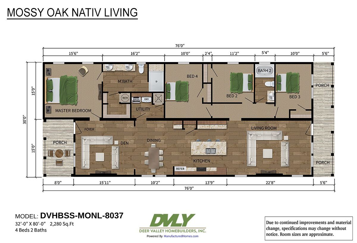 Floor plan for a 4-bed, 2-bath home named "Mossy Oak Nativ Living." Features include dining, kitchen, living room, and porches. Total 2,280 sq. ft.