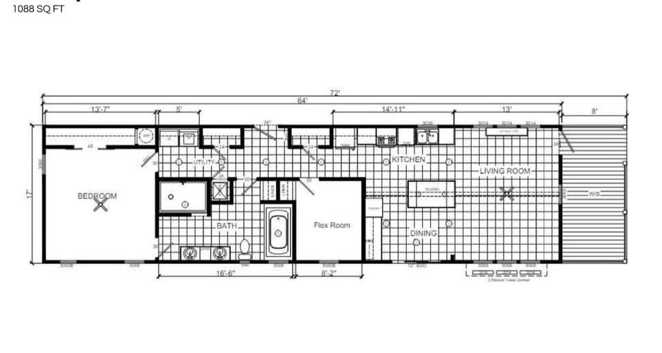 Floor plan of a 1088 sq ft house showing a bedroom, bathroom, kitchen, living room, dining area, and flex room. Layout appears organized and spacious.