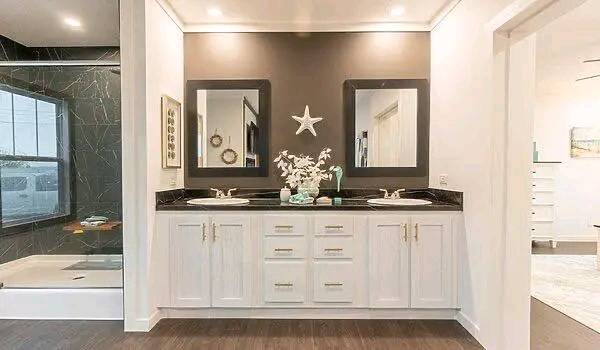 Elegant bathroom featuring a double sink vanity with dark countertops, two mirrors, and a starfish wall decoration. Shower visible to the left.
