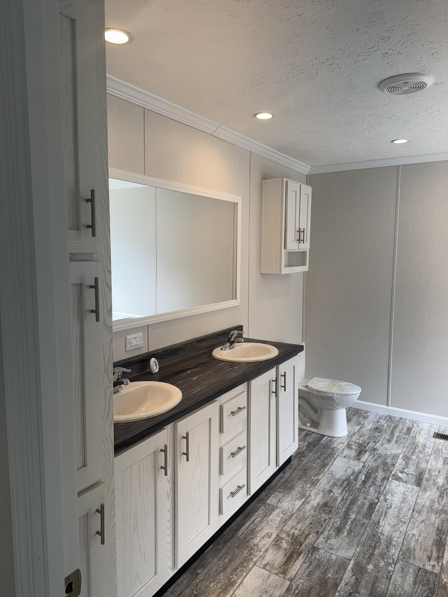 Modern bathroom with dual sink vanity, white cabinetry, and dark countertops. Light wood-look flooring and neutral walls create a clean, spacious feel.