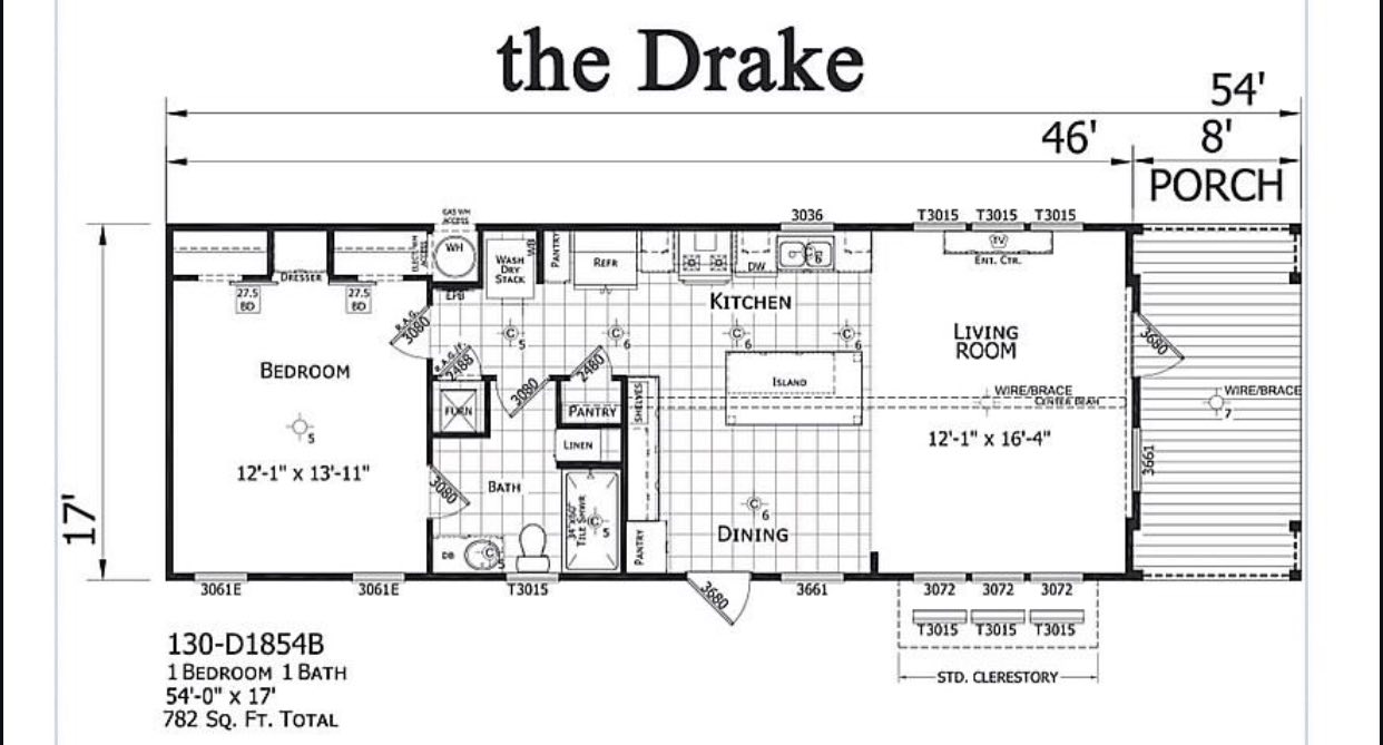 Floor plan for "The Drake," a 54x17, single-bedroom home. Includes kitchen with island, dining area, living room, bathroom, and front porch. Total 782 sq ft.