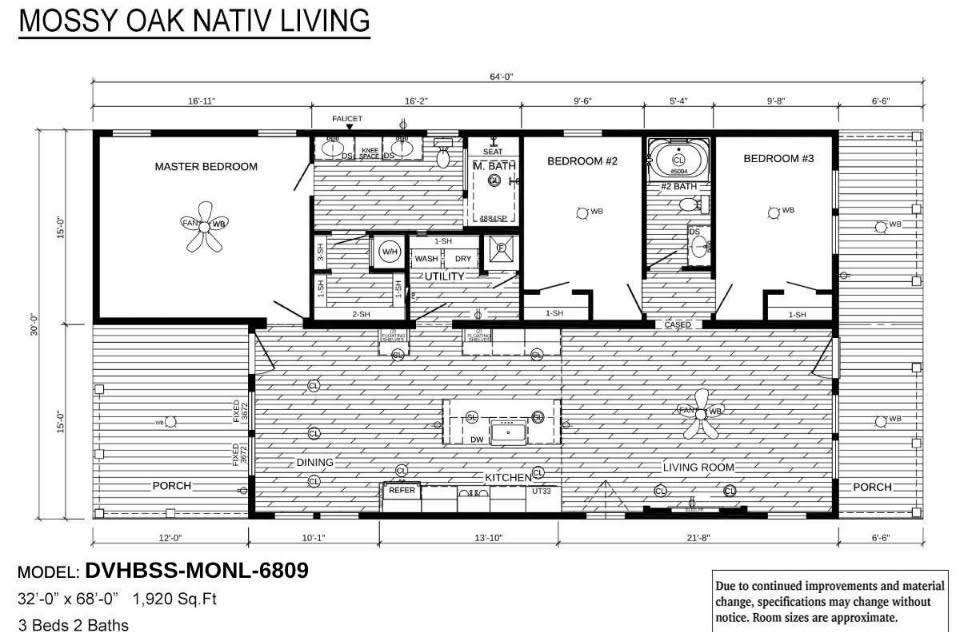 Floor plan for "Mossy Oak Nativ Living," model DVHBSS-MONL-6809. It features 3 bedrooms, 2 bathrooms, kitchen, dining, living room, and porches.