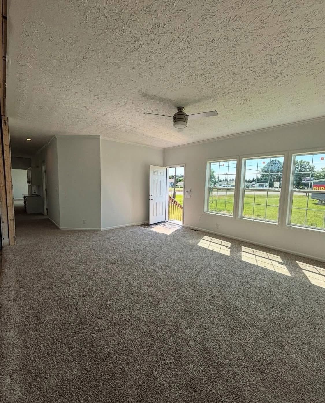 Spacious, sunlit living room with carpeted floor and ceiling fan. Large windows illuminate the area, offering views of a grassy exterior. An open door adds warmth.