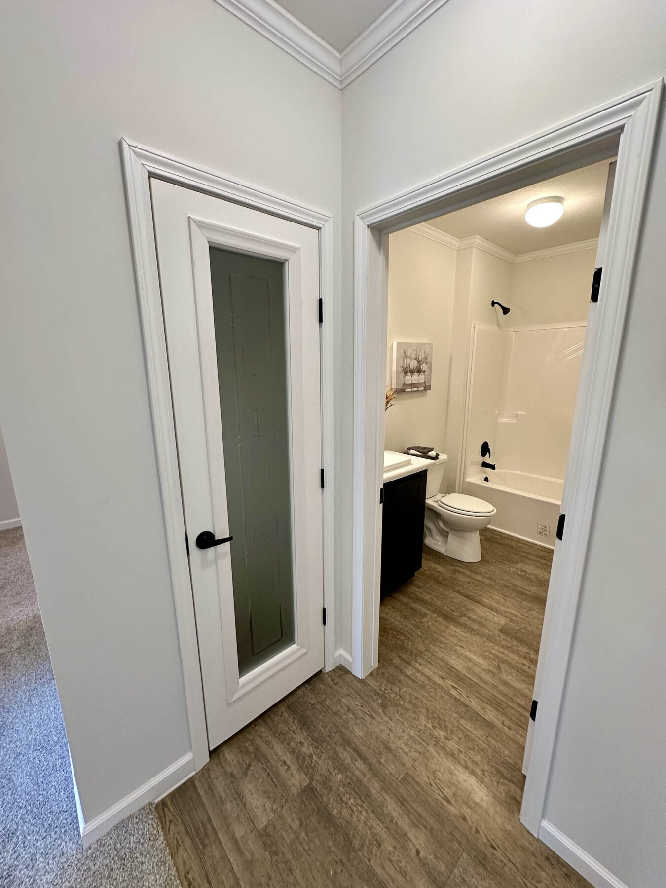A small bathroom with a wooden floor, white walls, and a shower. It features a toilet, a sink with a dark vanity, and bright overhead lighting.