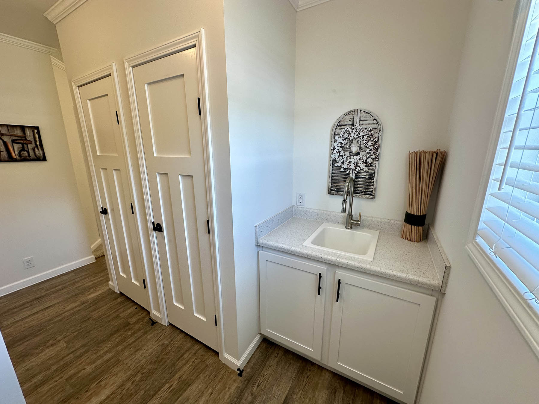 Bright laundry room with wood flooring, featuring a small white sink and countertop. Decor includes vertical reeds and a floral wall art piece.