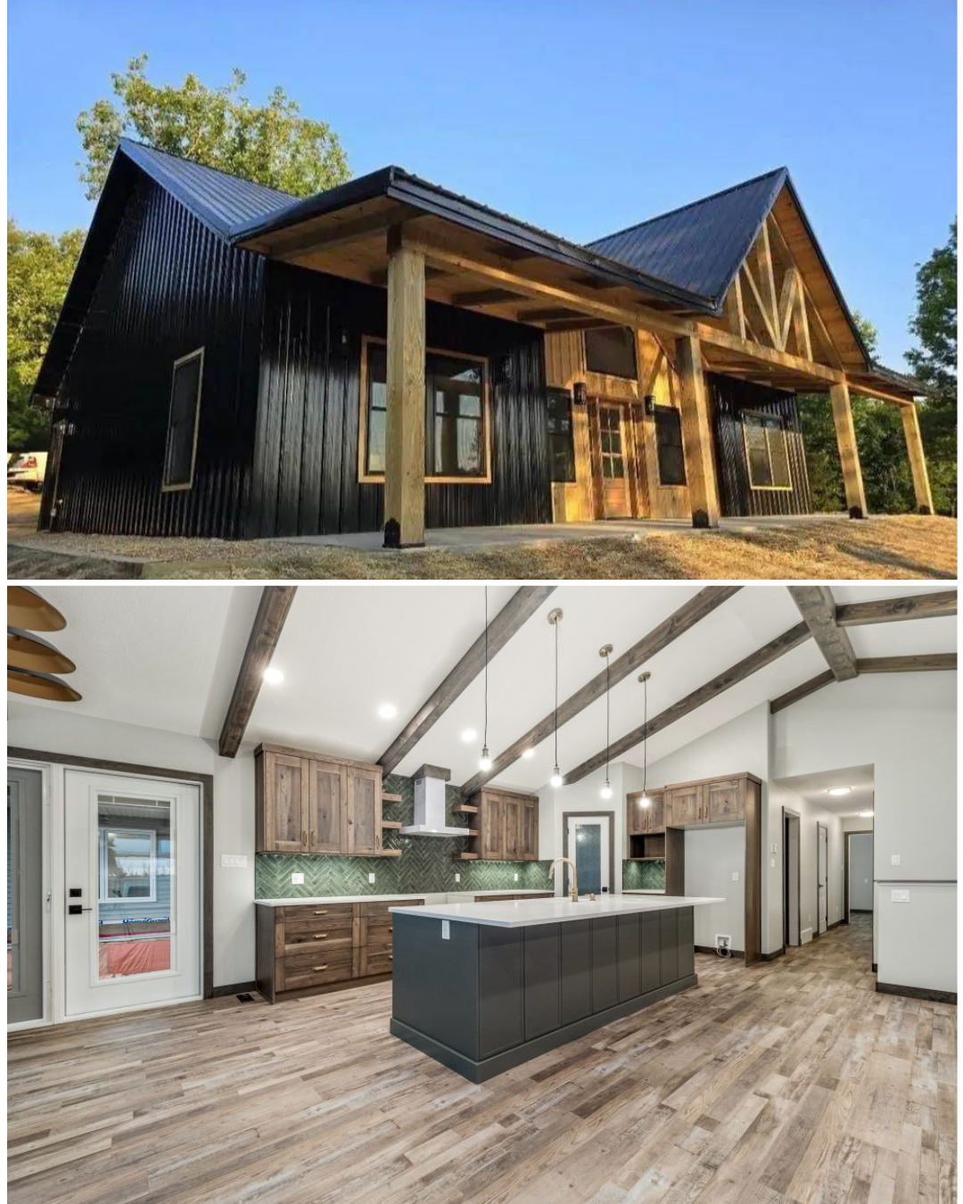Top: Modern black house with wooden accents, steep roof, and large windows under a clear blue sky. Bottom: Spacious kitchen with wooden floors, rustic cabinets, green tile backsplash, and exposed ceiling beams.