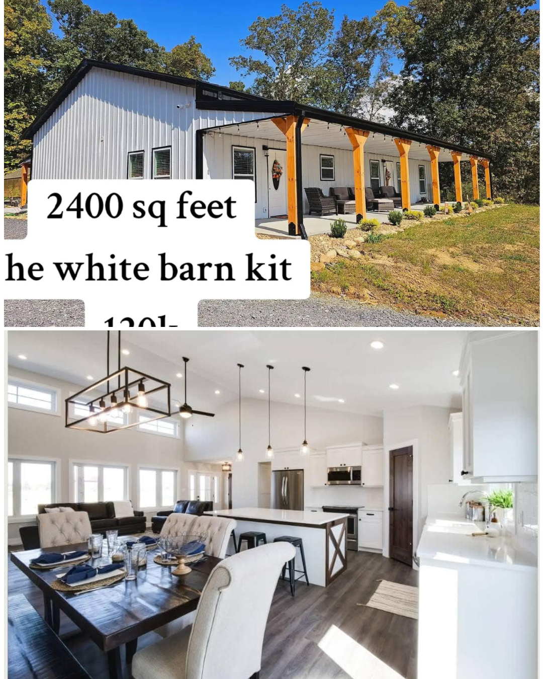 A modern barn-style house with a white exterior and wooden accents, surrounded by trees. Interior features a sleek, spacious open-plan kitchen and dining area with elegant lighting. The tone is cozy and inviting.