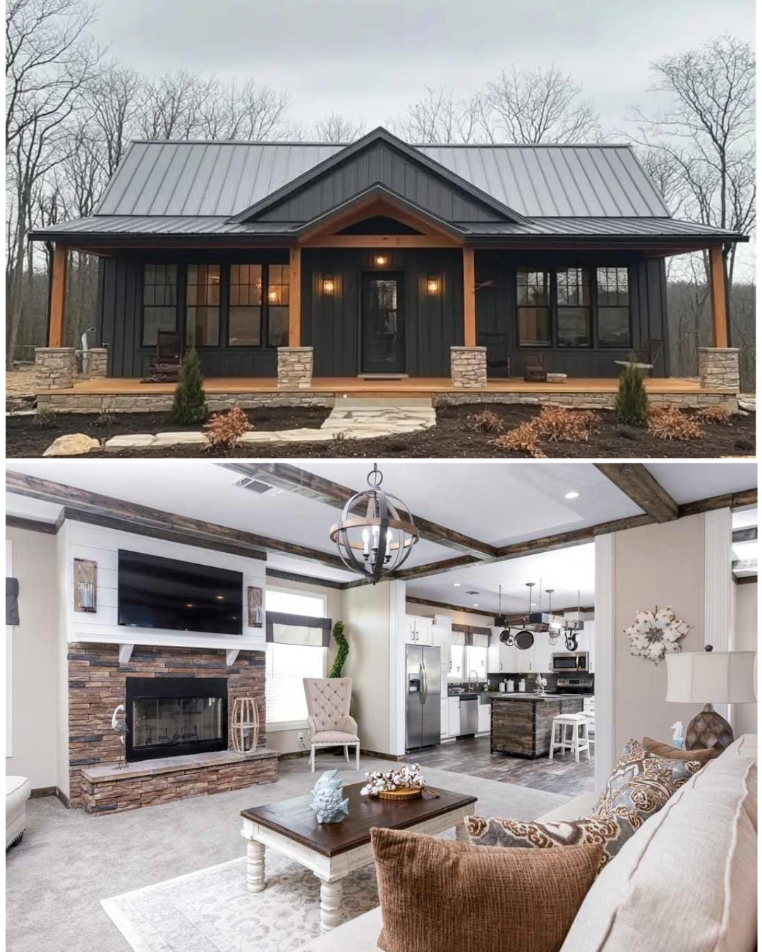 Rustic house with wood accents and large windows against a cloudy sky, labeled "Only 96K The Dark Horse." Modern kitchen with gray cabinets, island, and pendant lights.