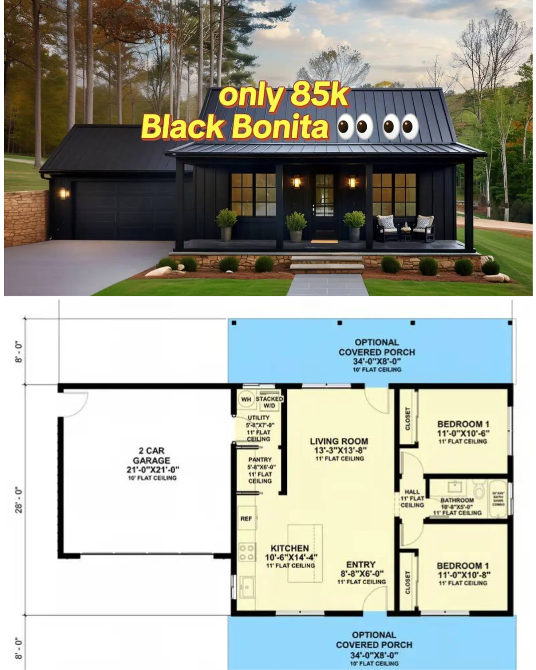Single-story black house with a modern design, porch, and two-car garage. Text reads "only 85k Black Bonita." Below is a floor plan layout.