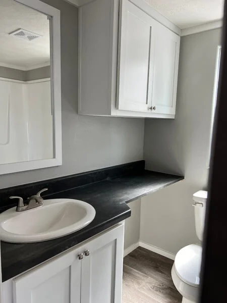 Compact bathroom with white cabinets, a wall mirror, black countertop, and white sink. Toilet on the right, wood-textured floor. Calm, modern feel.