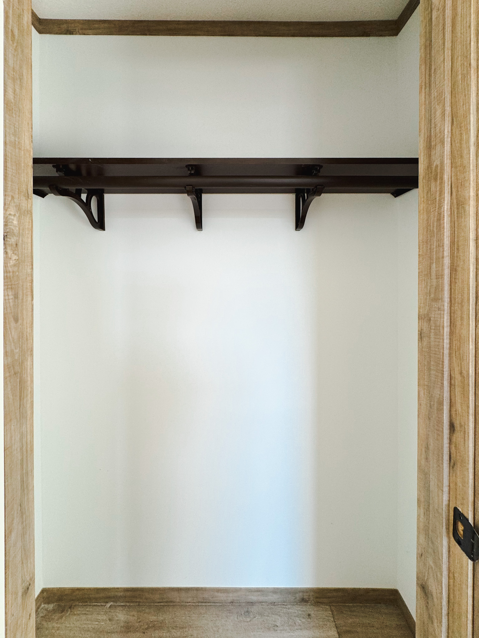 Empty closet with light wood frame, white walls, brown shelf, and rod. Clean, minimalistic, and ready for use. Floor matches light wood tone.