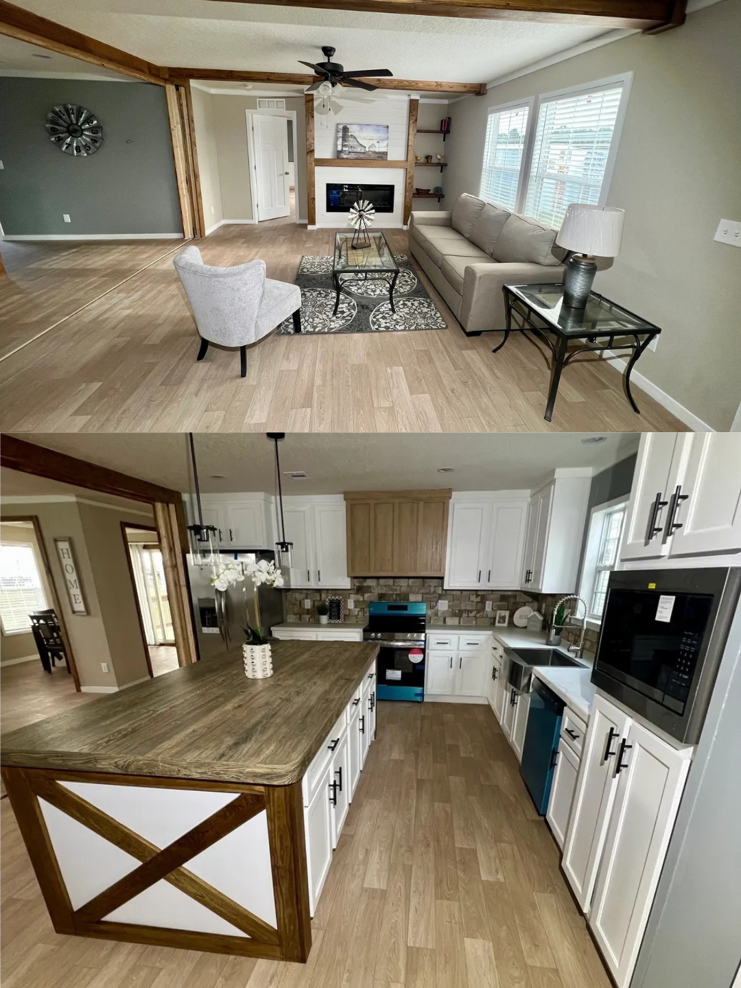 Top image shows a cozy living room with a beige sofa, armchair, coffee table, and a fireplace. Bottom image features a modern kitchen with a large wooden island, white cabinets, and stainless steel appliances.