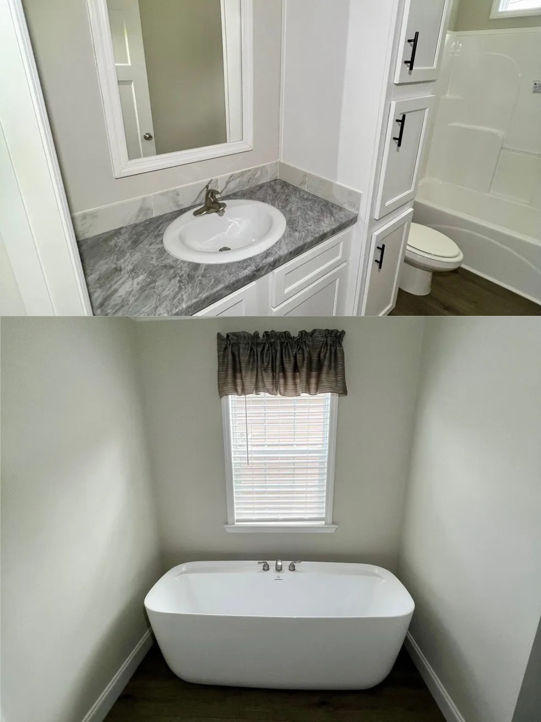 Split image: Top shows a bathroom with a sink, marble countertop, and a white cabinet beside a bathtub and toilet. Bottom features a white freestanding bathtub beneath a window with brown curtains, creating a clean and modern look.