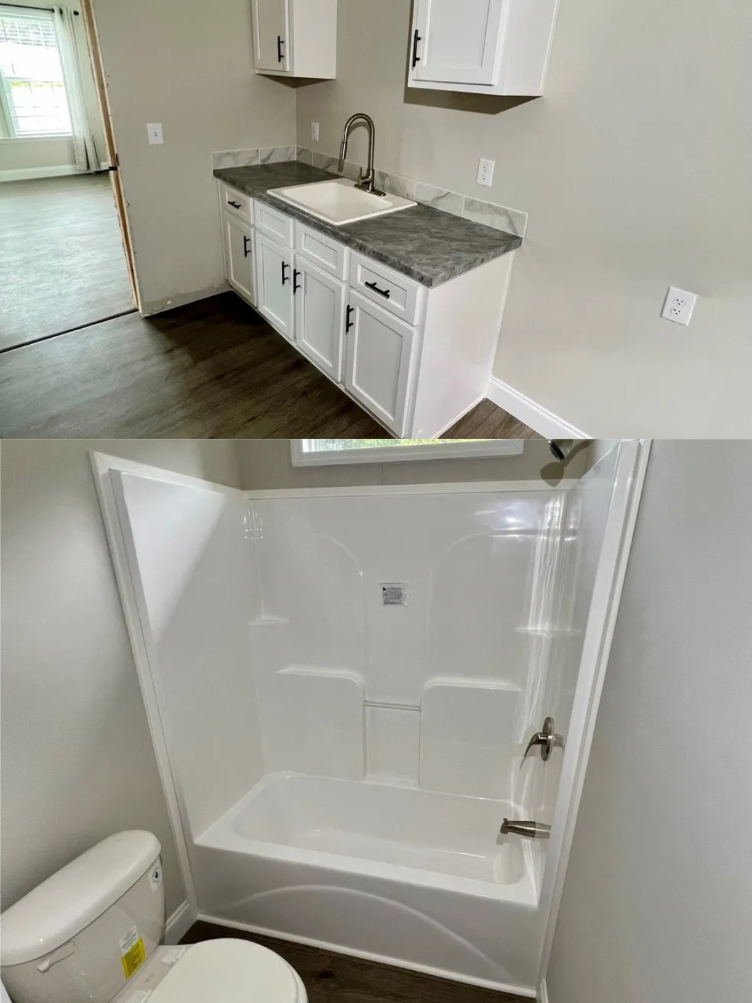 A split image shows a modern kitchen sink with gray countertops and white cabinets above and below, and a pristine white bathroom tub and toilet.