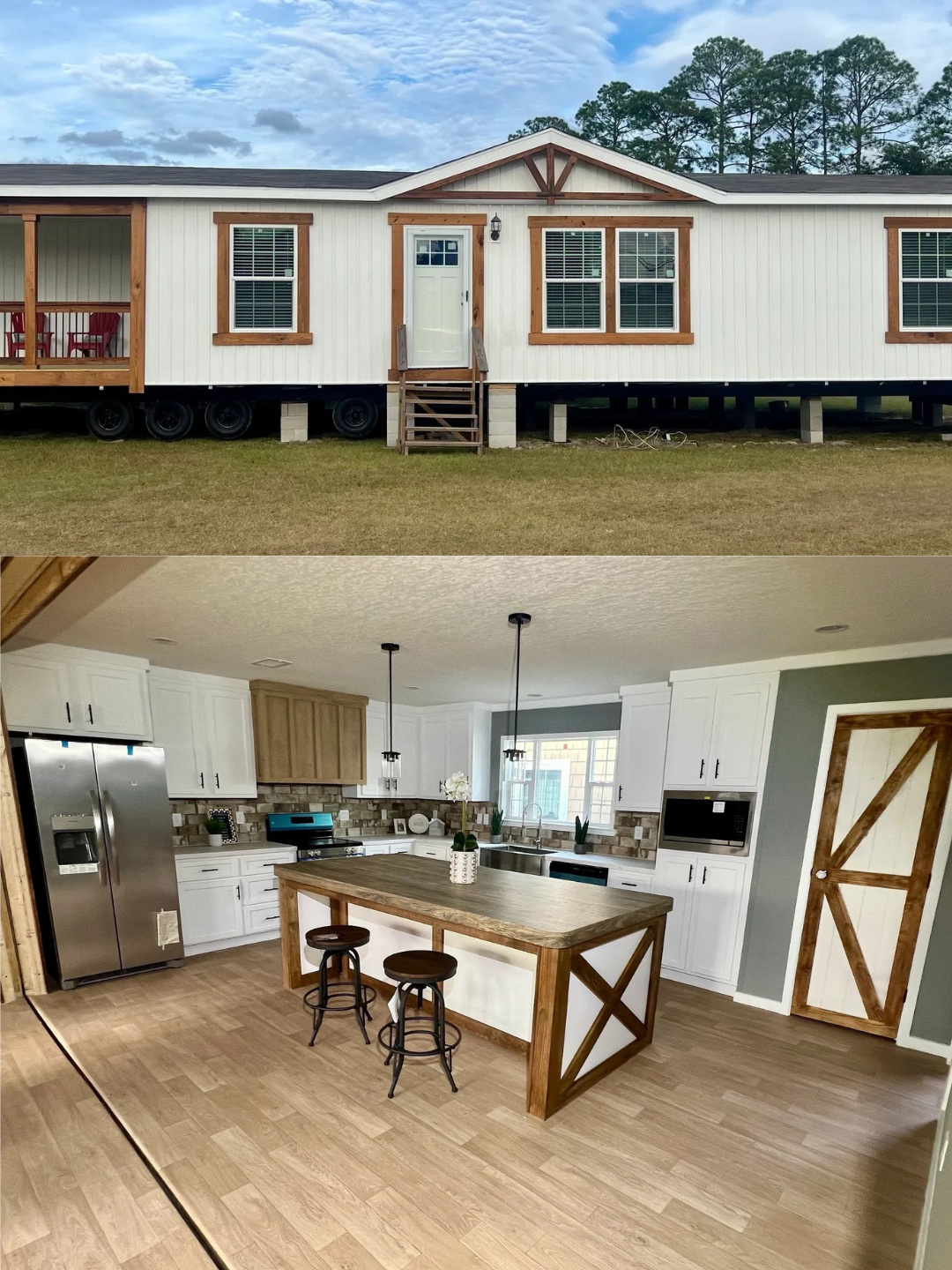 Two-part image: Top shows a white modular home with a wooden porch. Bottom shows a modern kitchen with white cabinets, a wooden island, and stools.