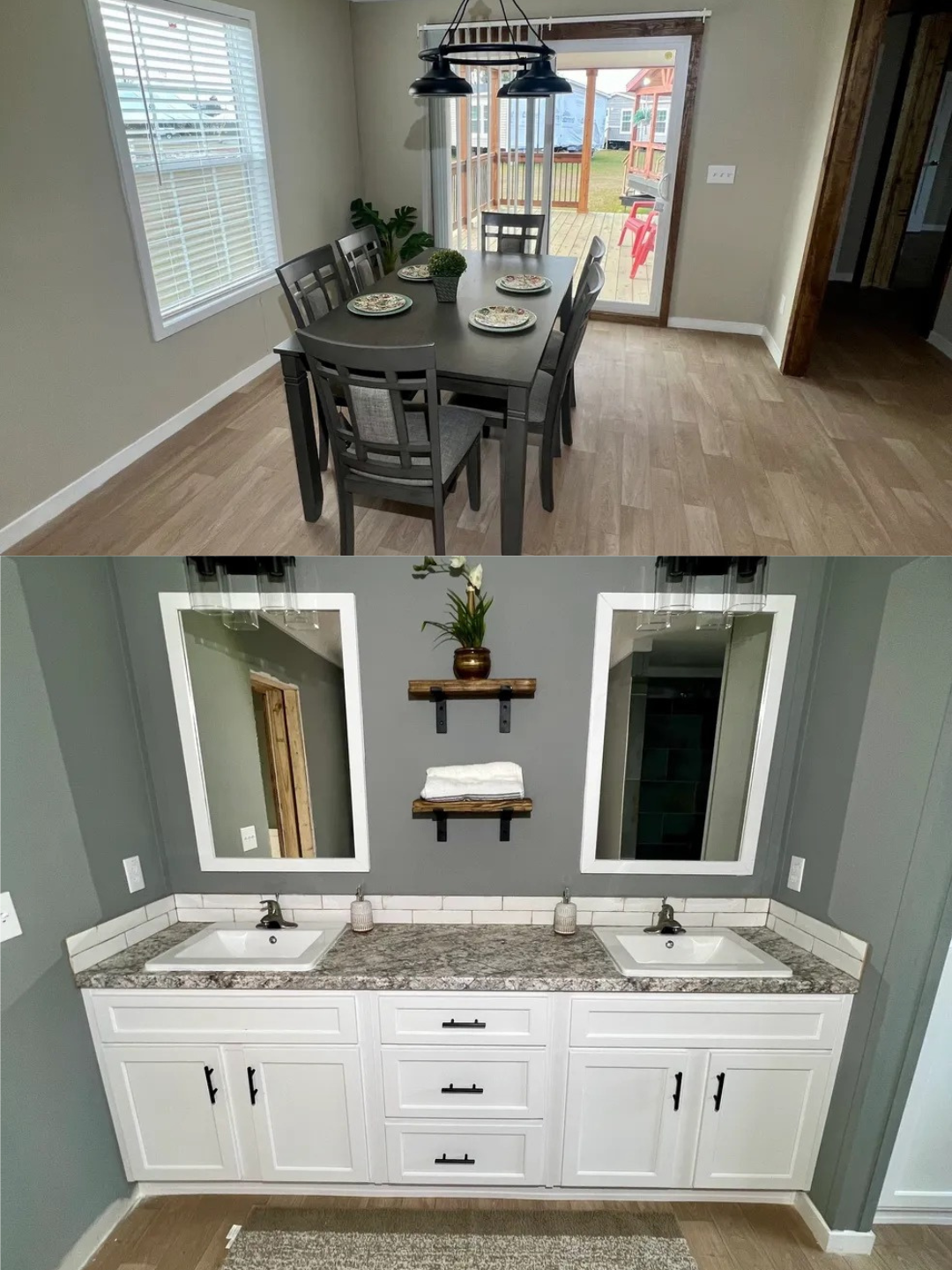 Dining room with a gray table set, four chairs, and decorative plates under pendant lights. Bathroom with a double sink vanity, mirrors, and plants.