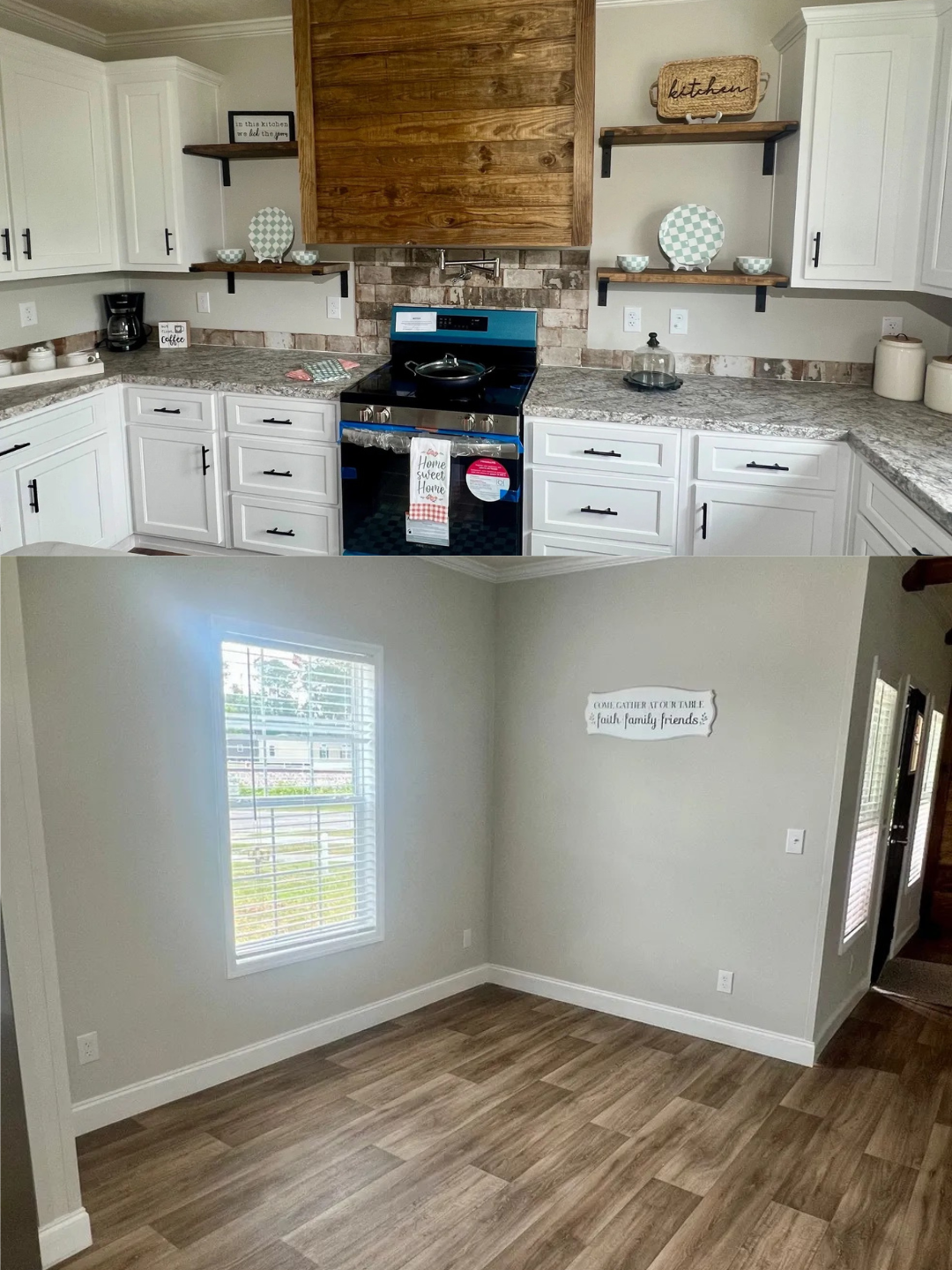 Modern kitchen with white cabinets, wood accents, and stainless appliances. Nearby, an empty room with light wood flooring and a bright window. Minimalist and welcoming.