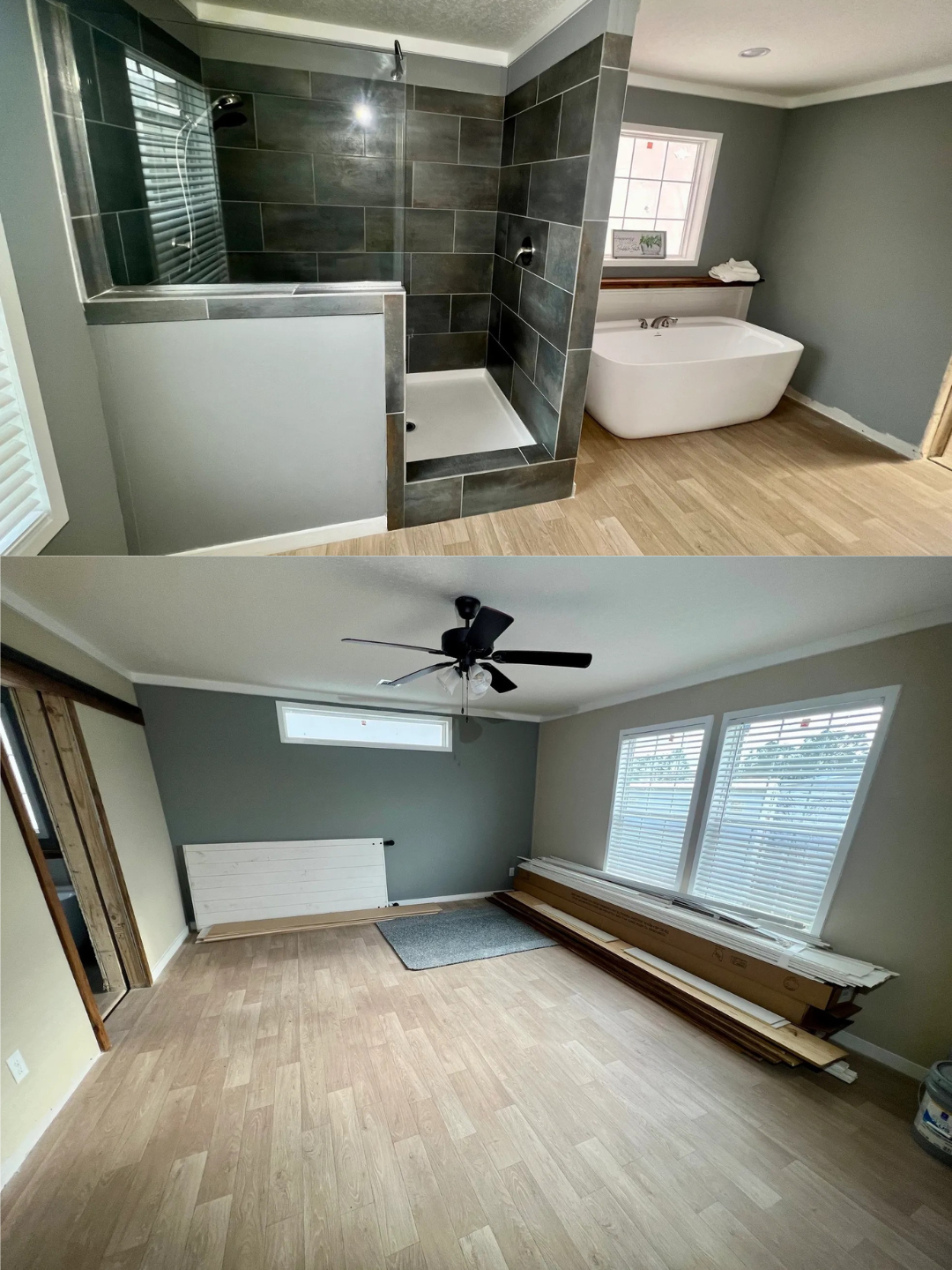 Modern bathroom renovation. Upper image: dark-tiled shower, white bathtub near window; lower image: empty room, wood floors, ceiling fan, stacked boards.