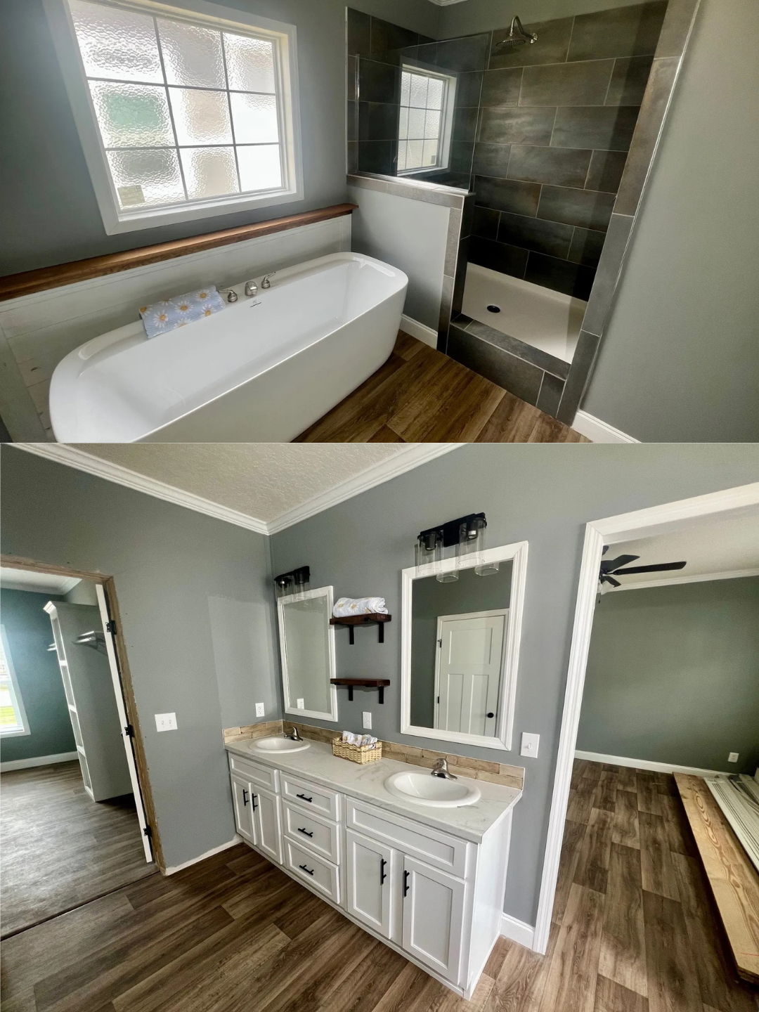 A modern bathroom with a freestanding bathtub next to a window and a tiled shower. Below, a dual-sink vanity with mirrors and wood flooring.