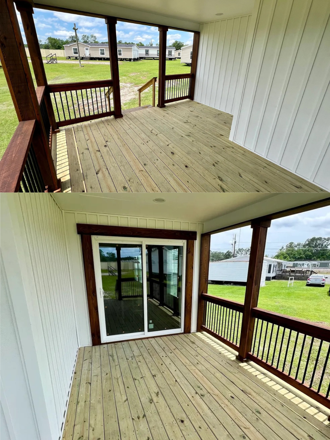 Covered wooden porch with railings and a white ceiling. The sliding glass door leads inside. Bright day, green lawn, and mobile homes visible outside. Cozy atmosphere.