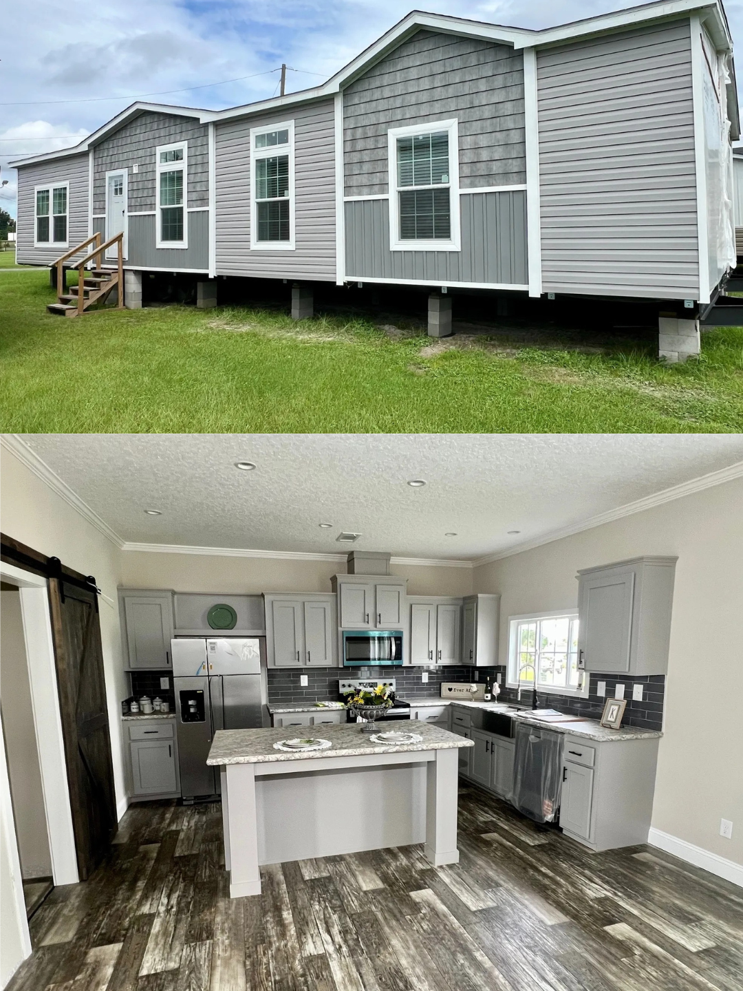 Split image showing a gray modular home exterior with multiple windows, and a modern kitchen interior with gray cabinets, island, and stainless appliances.