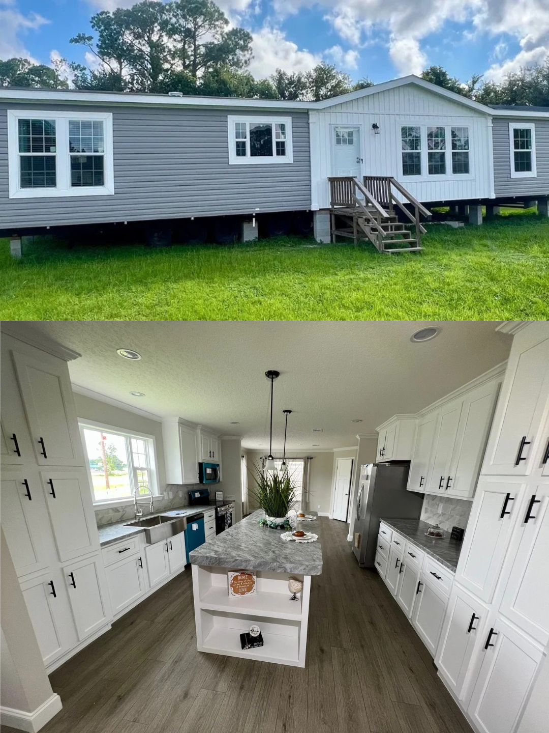 Alt text: "Collage of a manufactured home. The top image shows the home's gray exterior with white trim, set on green grass under a blue sky. The bottom image depicts a modern kitchen with white cabinets, a large island, and wood floors, conveying a fresh and inviting feel."