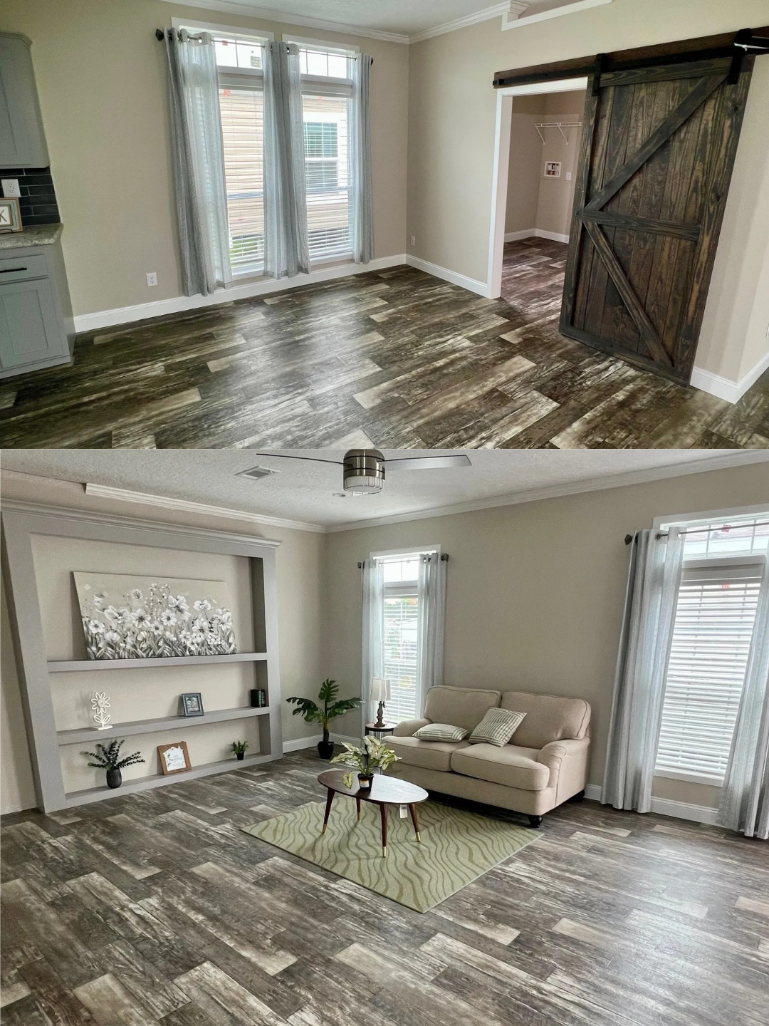 Spacious living room with light wood flooring and gray walls. Top image shows stylish barn door; bottom highlights beige couch, green rug, and decor shelves.