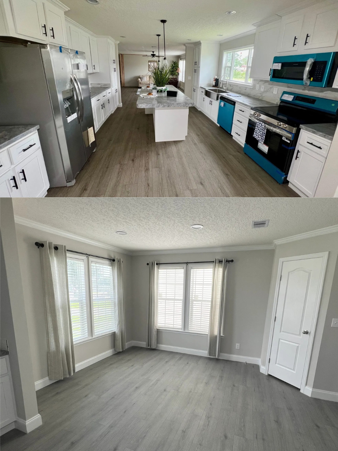 Modern kitchen and dining area with light gray flooring. The kitchen has white cabinets, stainless steel appliances, and a central island. The adjacent dining room features large windows with sheer curtains, offering a bright and airy atmosphere.