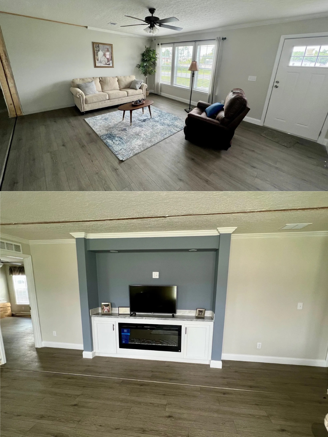 Cozy living room with a beige sofa, armchair, and coffee table on a blue rug. Adjacent wall features a TV above a white entertainment unit. Natural light and soft colors create a welcoming atmosphere.