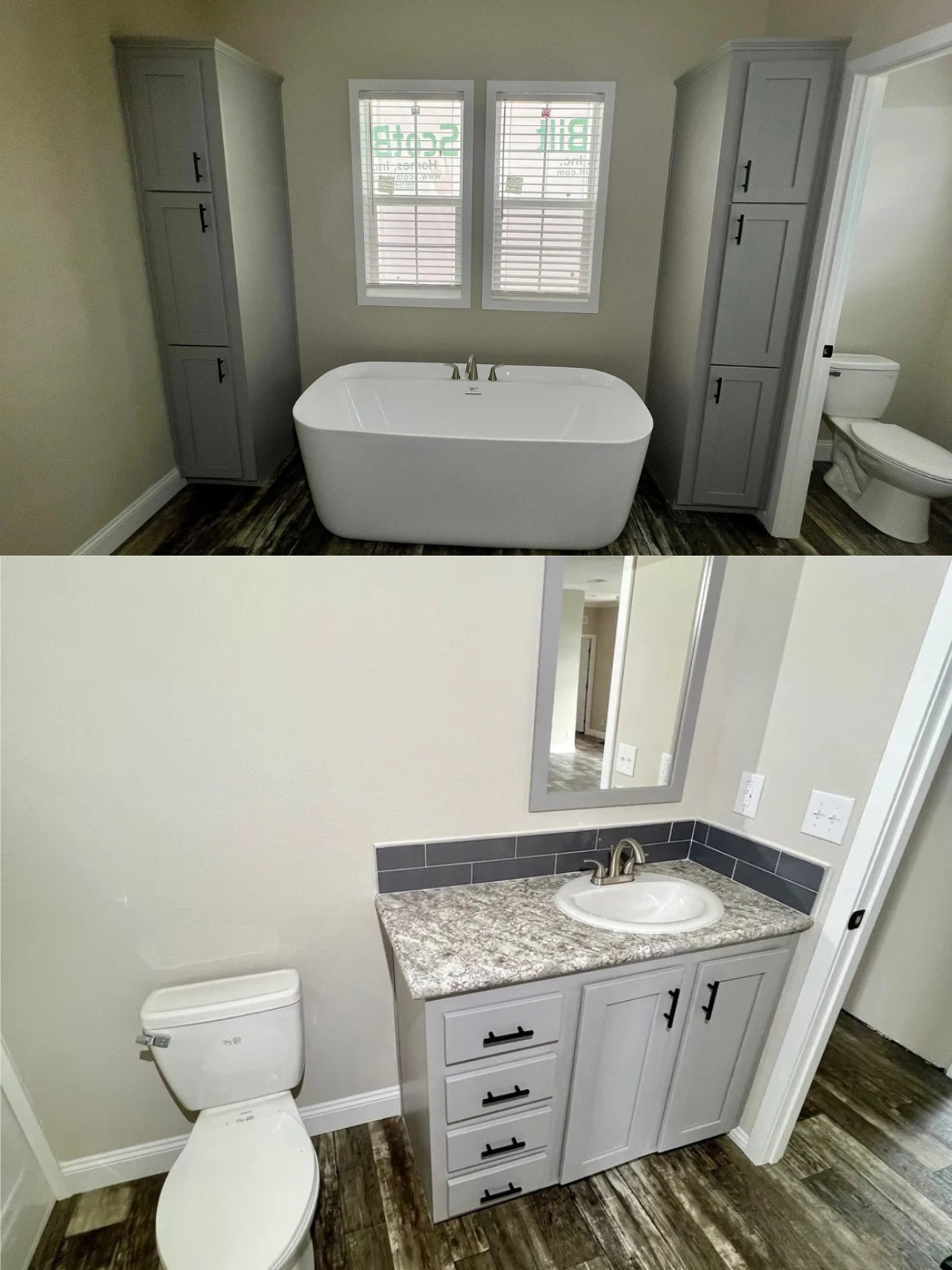 Modern bathroom split image. Top: Freestanding white bathtub flanked by gray cabinets, under two windows. Bottom: Gray vanity, marble countertop, and toilet on wood floor.