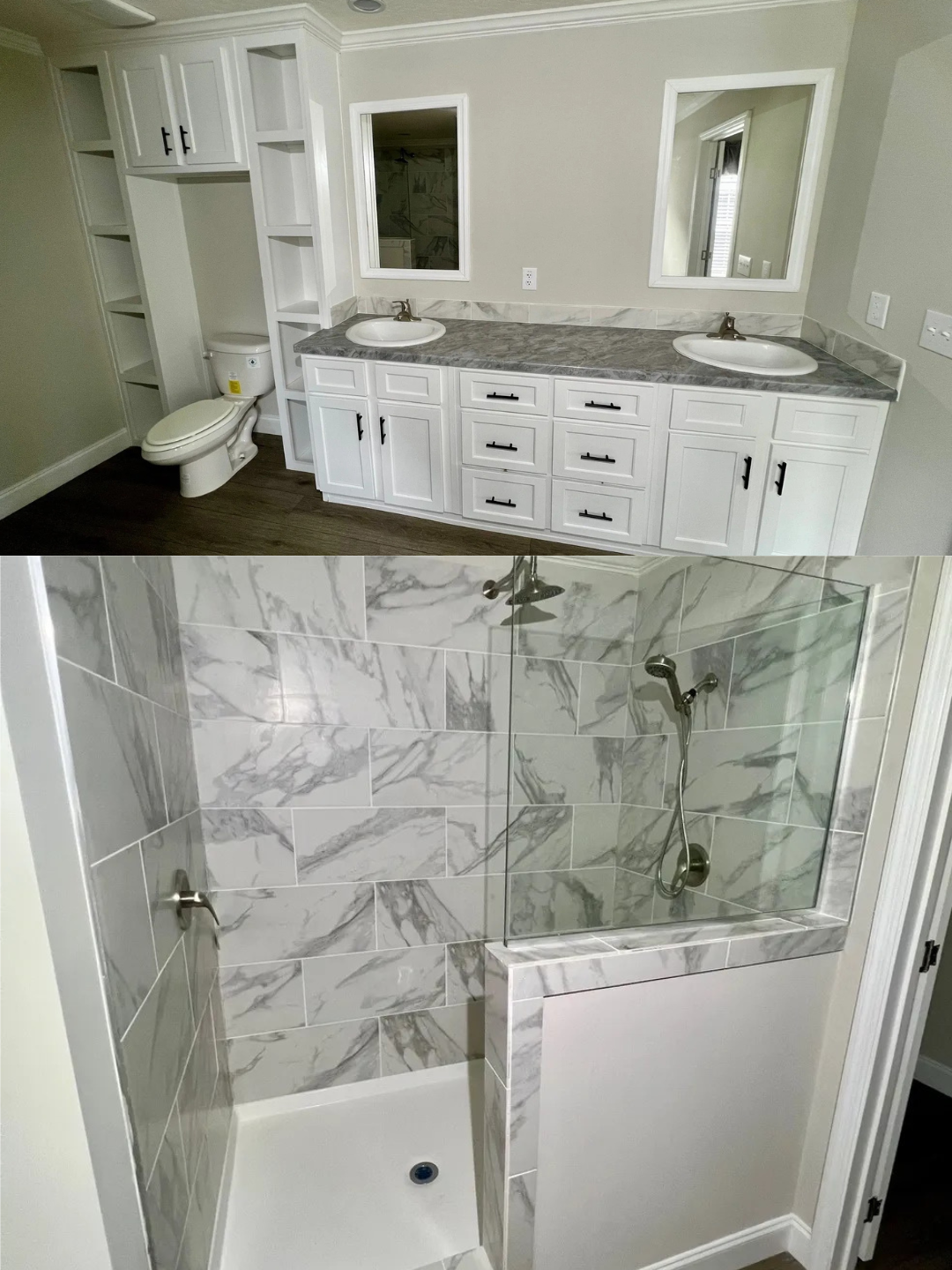 A modern bathroom features a double sink vanity with gray marble countertops, white cabinets, a nearby toilet, and a shower with marble-patterned tiles.