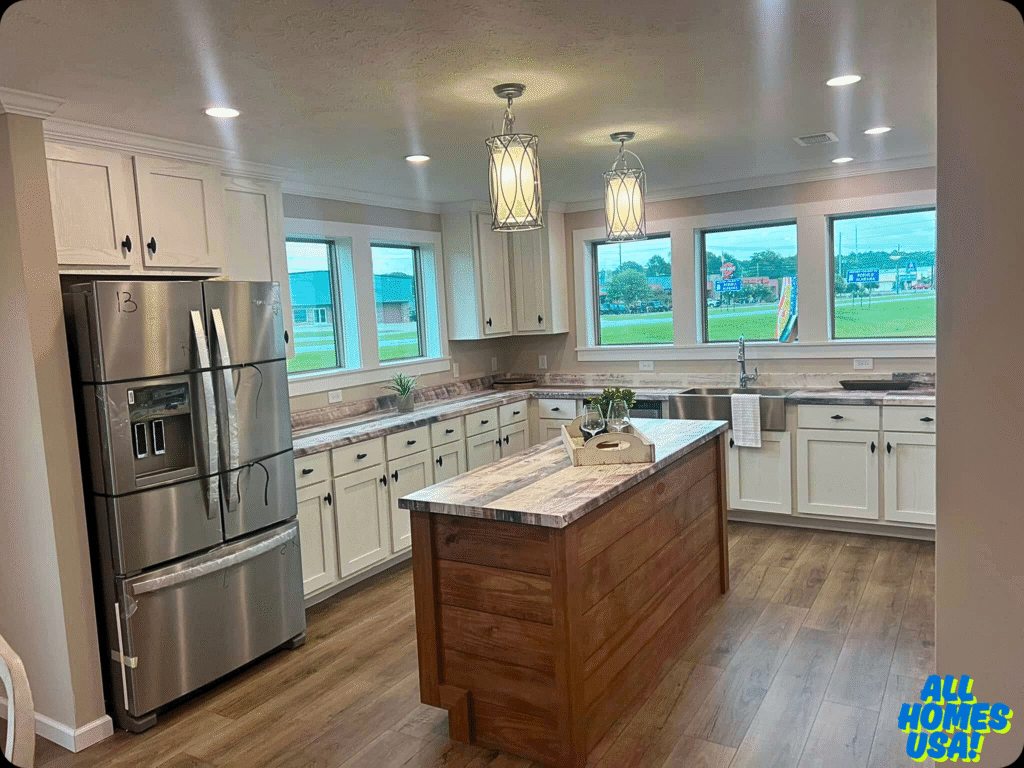 Bright kitchen with a large island, stainless steel fridge, white cabinets, and wood flooring. Pendant lights add warmth. Three windows offer natural light. Image for illustrative purposes.