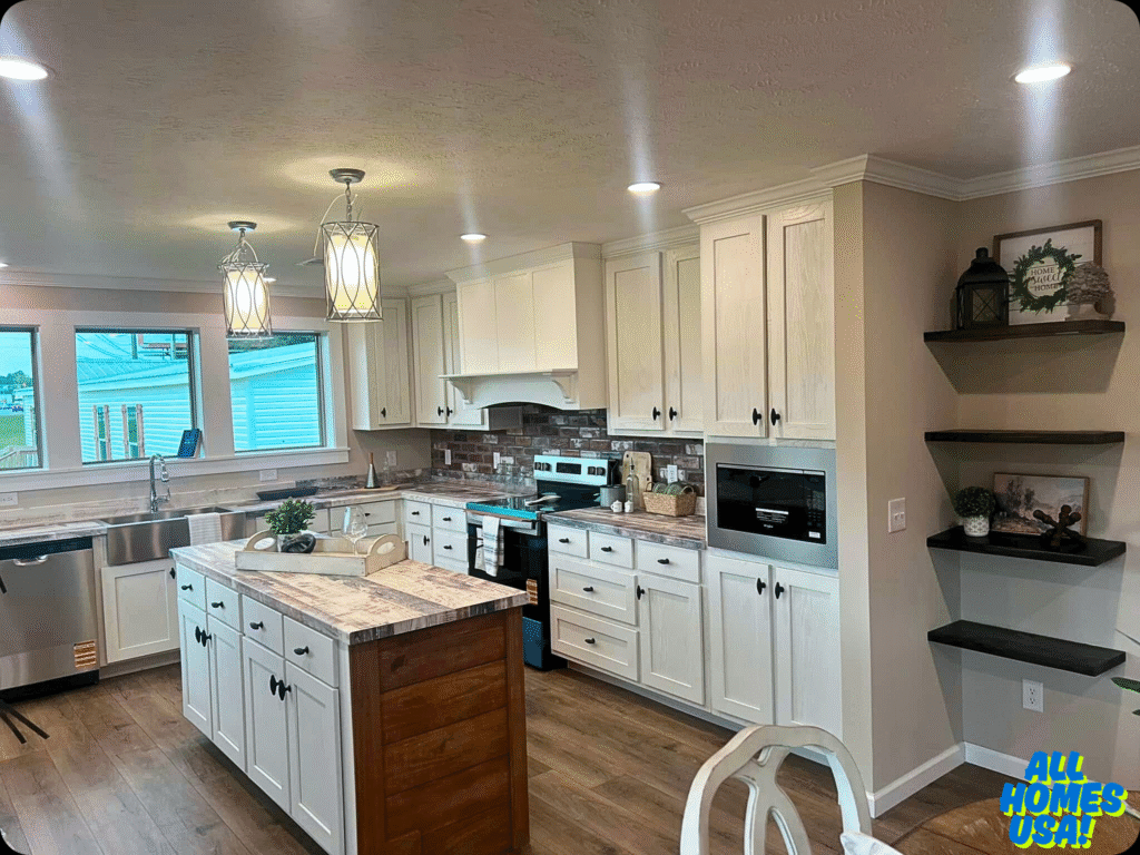 Spacious kitchen with white cabinets, a central island with wood accents, and pendant lighting. Brick backsplash and cozy decor create a warm, inviting atmosphere. Image for illustrative purposes.
