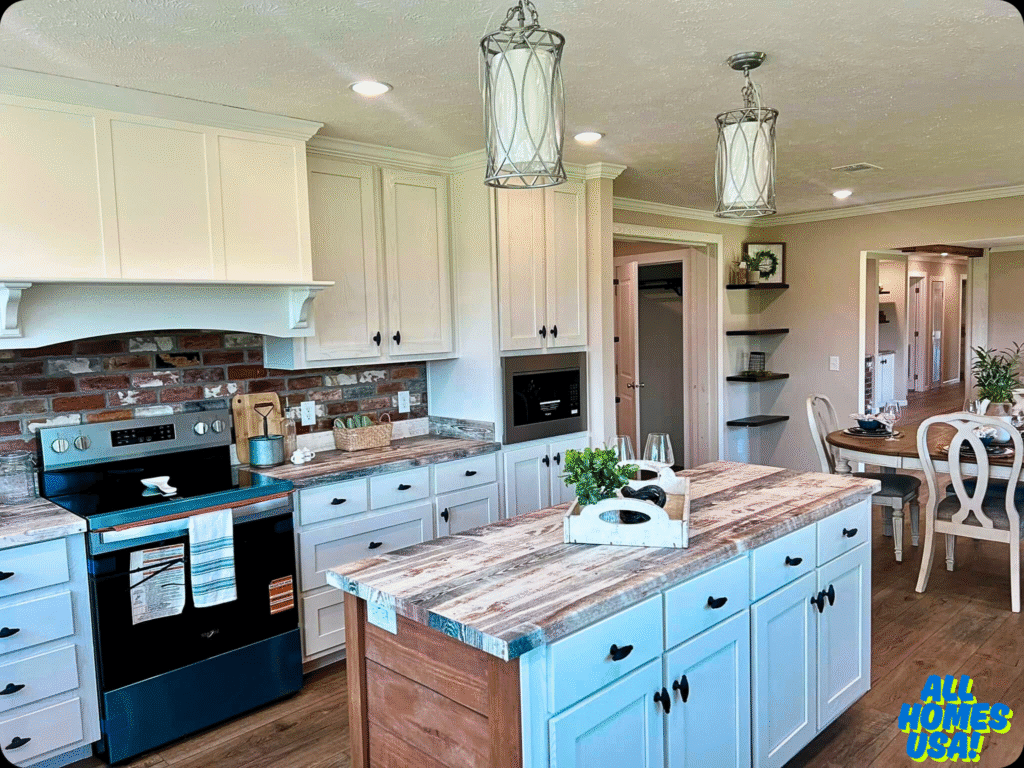 A bright kitchen with rustic charm, features a wooden island, white cabinets, brick backslash, stainless oven, and decorative pendant lights. Cozy ambiance. Image for illustrative purposes.