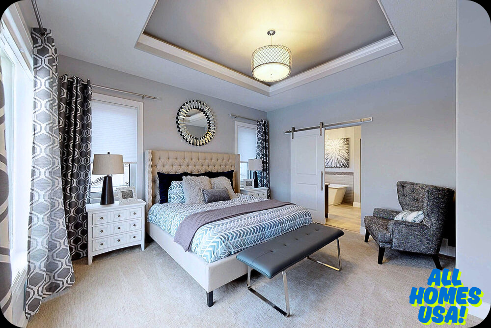 Elegant bedroom with a neutral palette, featuring a tufted bed, geometric curtains, plush armchair, and modern lighting. Cozy and inviting atmosphere. Image for illustrative purpose.