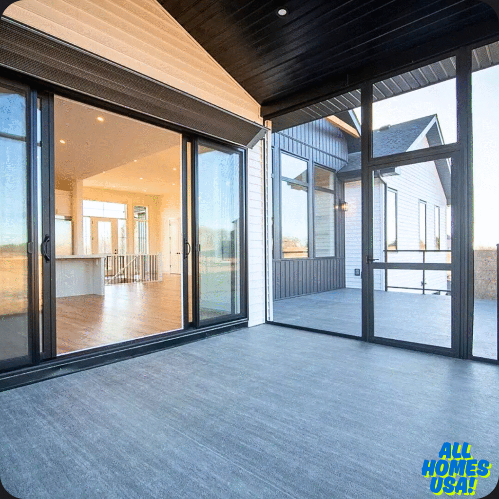 Modern home showcasing a bright interior through large sliding glass doors, leading to a spacious, covered patio. The mood is airy and inviting. Image for illustrative purpose.