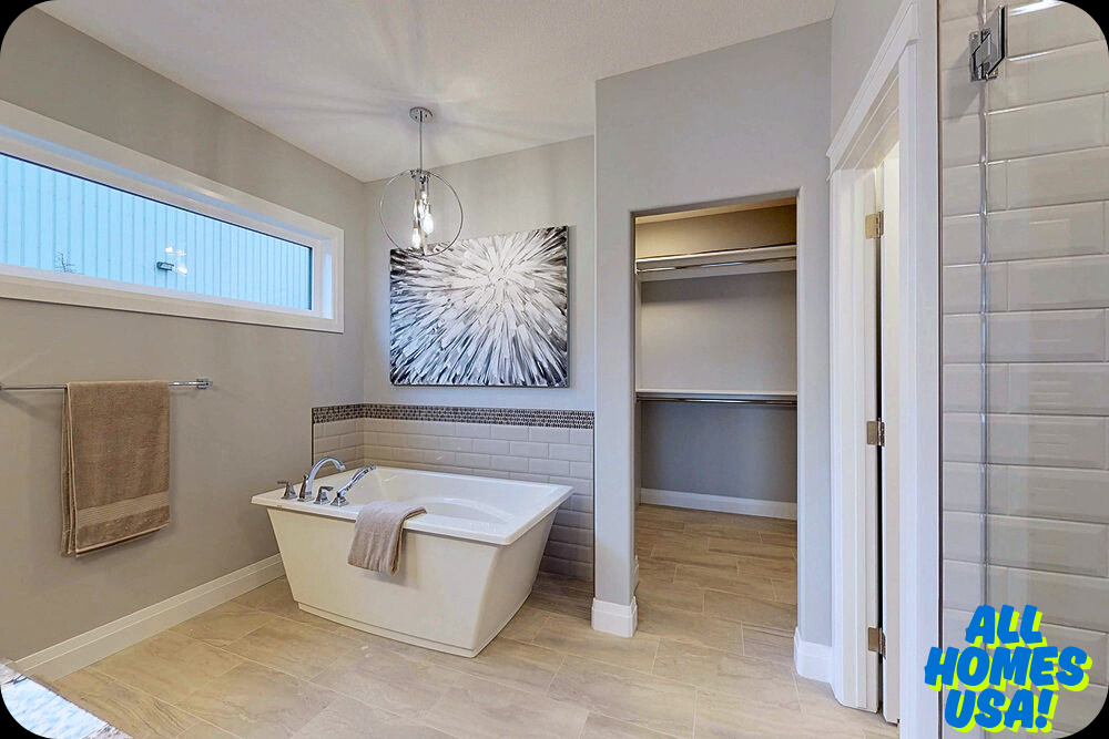 Modern bathroom with a white freestanding tub, towel on rack, abstract wall art, and an adjacent open closet. Bright and elegant atmosphere. Image for illustrative purpose.