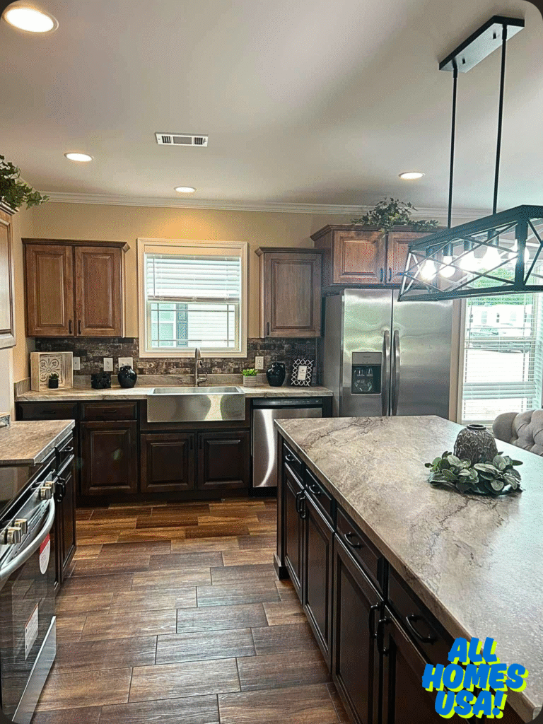 Modern kitchen with warm wood cabinets, stainless steel appliances, and a large island with greenery. Bright, welcoming ambiance with natural light. Image for illustrative purpose.