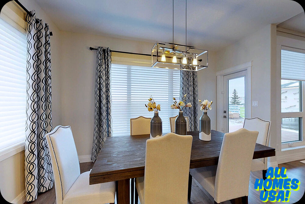 Modern dining room with a wooden table, six beige chairs, and three vases of flowers. A geometric chandelier hangs overhead. Bright and inviting. Image for illustrative purpose.