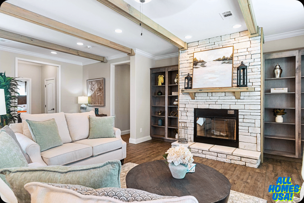 Cozy living room with a stone fireplace, wooden beams, and beige sofas. Decorative shelves and soft lighting create a warm, inviting atmosphere. Image for illustrative purpose.