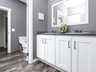Modern bathroom with white cabinets, dark gray countertop, and wood-look floor. A large mirror reflects natural light; potted plant adds freshness.